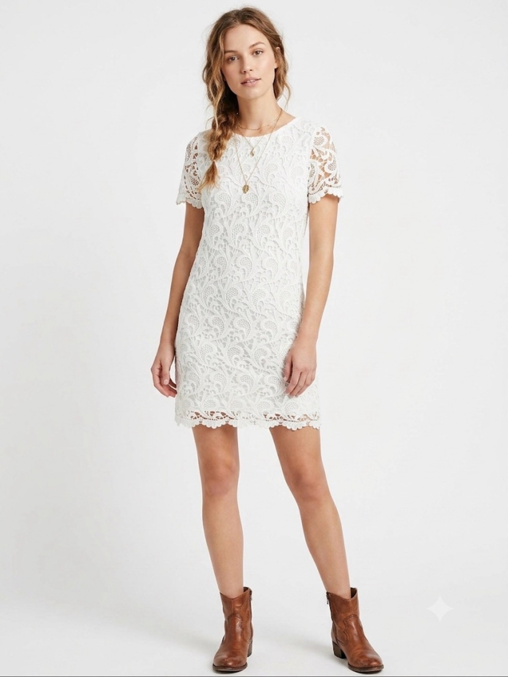 She + Sky White Lace Crochet Shift Dress Small Boho Bridal Cottagecore